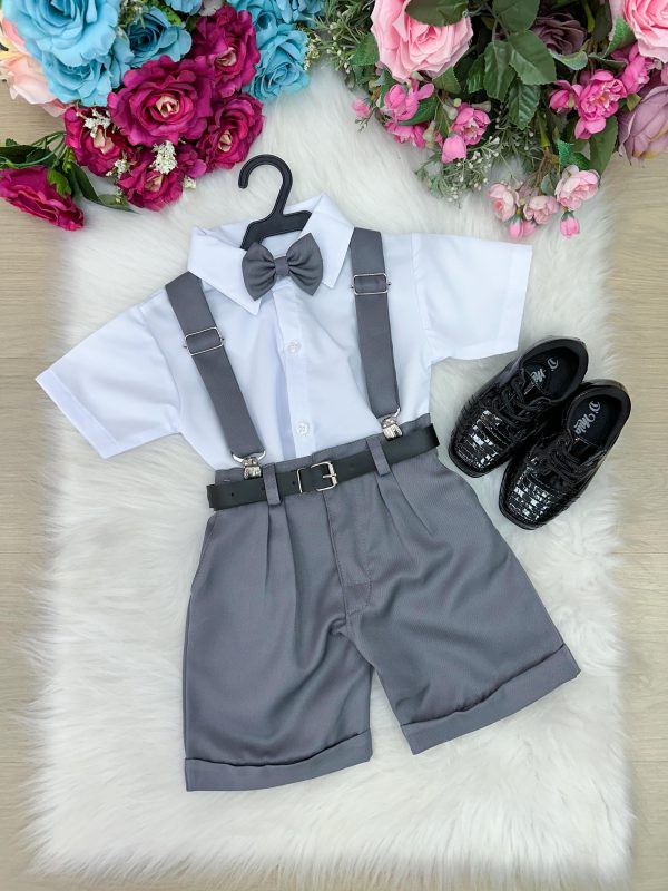 Conjunto Miss Cherry Meninos Social Shorts Ravi Cinza Grafite