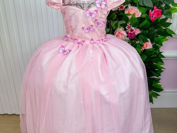 Vestido Vila Lele Longo Jardim Encantado Borboletas Rosa Bebe