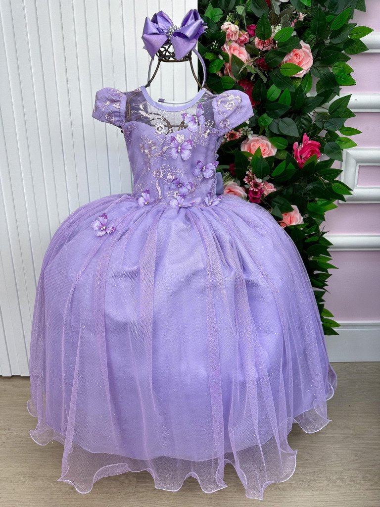 Vestido Vila Lele Longo Jardim Encantado Borboletas Lilas