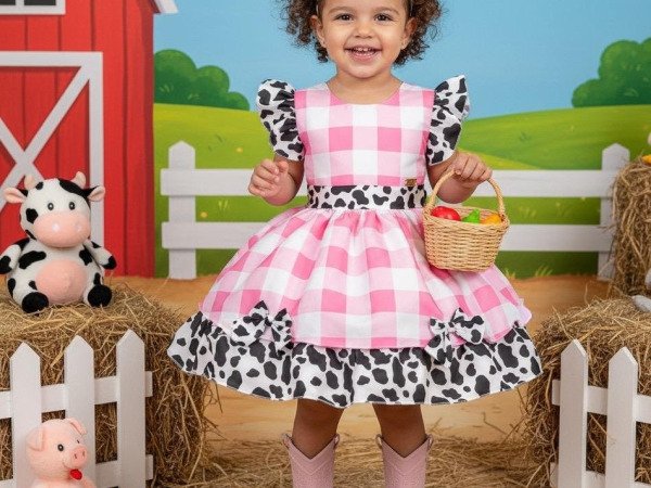 Vestido Tematicos Kids Fazendinha Rosa Vaquinha