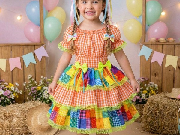 Vestido Junino Banana Club Luxo Quermesse do Sertão Laranja