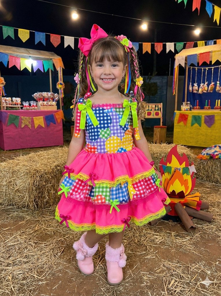 Vestido Junino Banana Club Luxo Encanto da Roça Rosa Neon