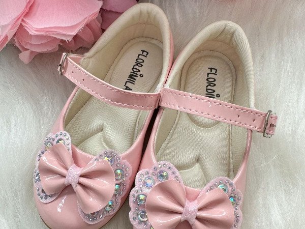 Sapatilha Flor Di MIla Baby Rosa Lacinho Strass