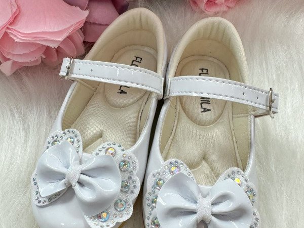 Sapatilha Flor Di MIla Baby Branco lacinho Strass