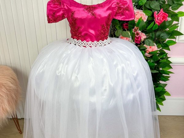 Vestido Enjoy Longo Mari Peito Rendado Pink Saia Branca