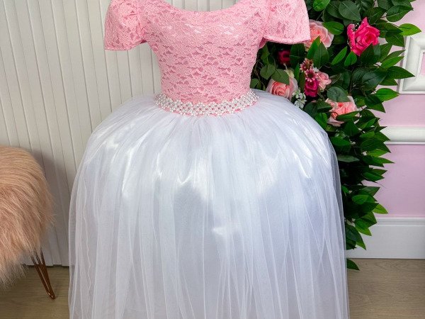 Vestido Enjoy Longo Mari Peito Rendado Rosa Bebe Saia Branca