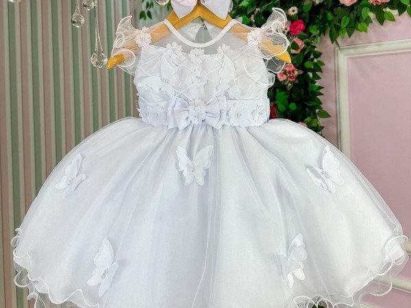 Vestido Marie Bebe Branco Jardim Encantado Laço