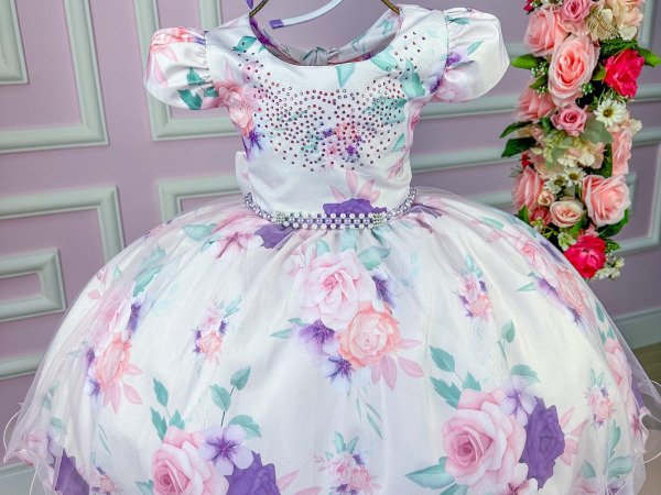 Vestido Bella Child Catarina Juvenil Off Flores Lilas