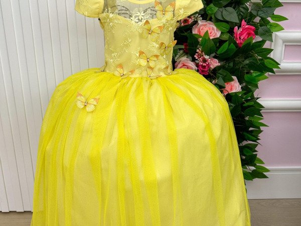 Vestido Vila Lele Longo Jardim Encantado Borboletas Amarelo