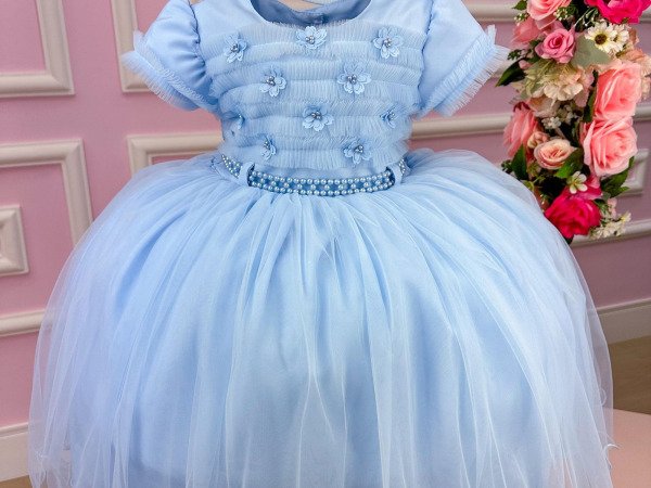 Vestido Menina Bonita Azul Bebe Florzinha Peito Tule