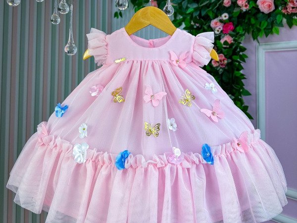 Vestido Vila Lele Jardim das Borboletas Baby Liz Rosa Bebe