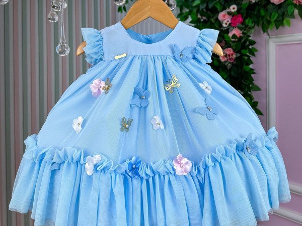 Vestido Vila Lele Jardim das Borboletas Baby Liz Azul Bebe