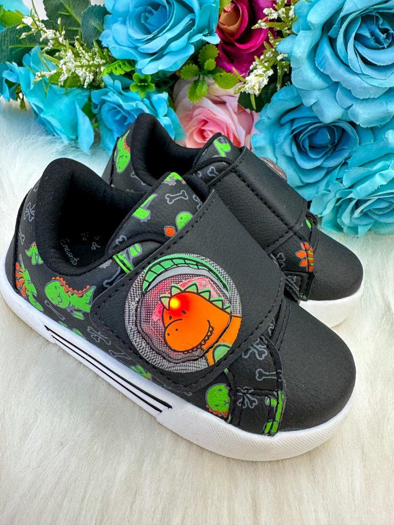 Tênis Encanto de Criança Dinossauro/Dino com Led Preto