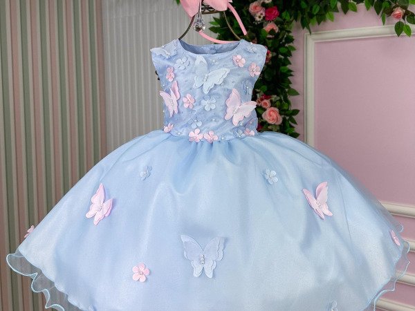 Vestido Marie Jardim das Borboletas Azul Bebe Viviane