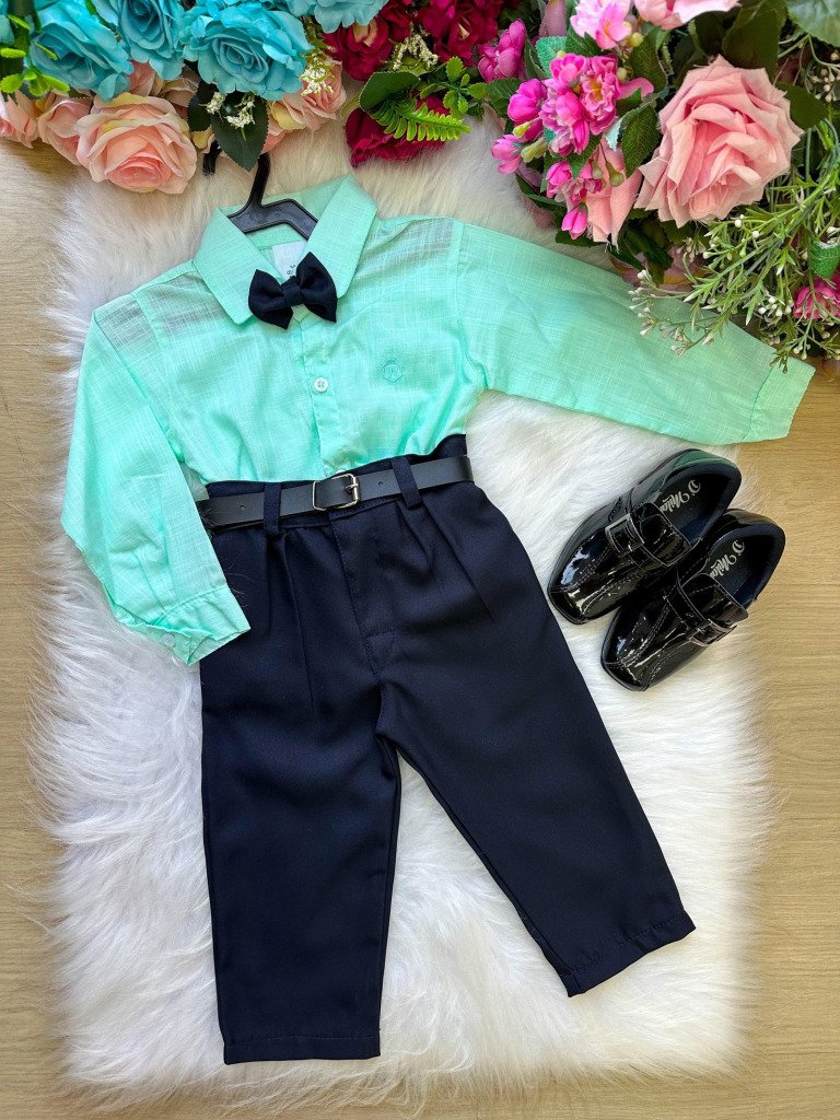 Conjunto Masculino Miss Cherry Social Verde Linho Com Calça Preta Henrique