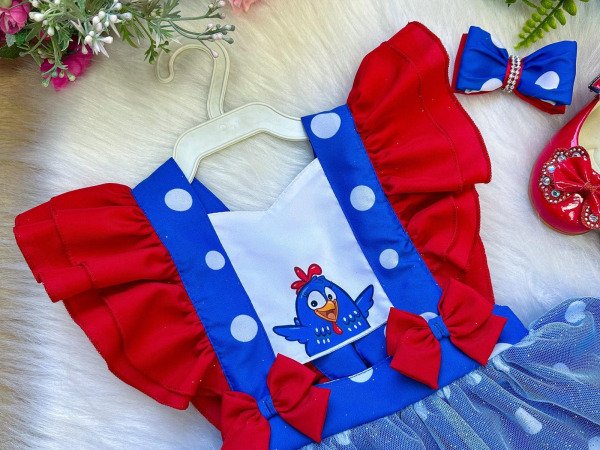 Romper/Vestido Princesa Belli Galinha Pintadinha Azul e Vermelho