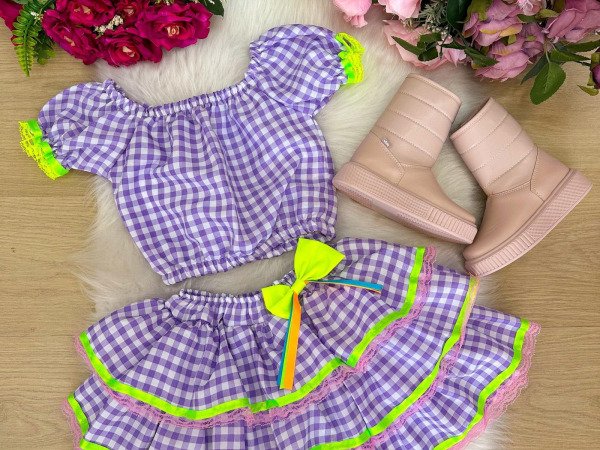 Conjunto Junino Banana Club Luxo Sofia Xadrez Lilas