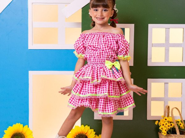 Conjunto Junino Banana Club Luxo Sofia Xadrez Rosa