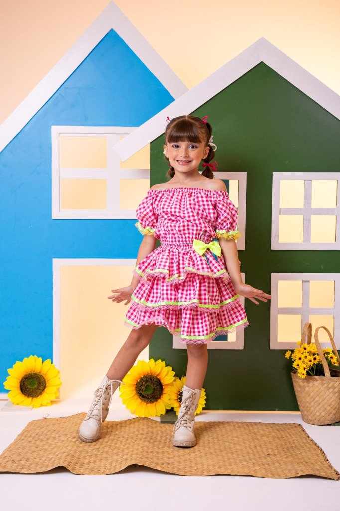 Conjunto Junino Banana Club Luxo Sofia Xadrez Rosa