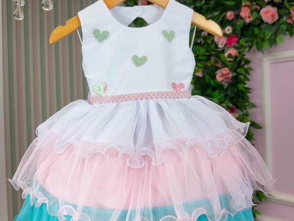 Vestido Vila Lele Bebe Lolo Saia Verde e Rosa